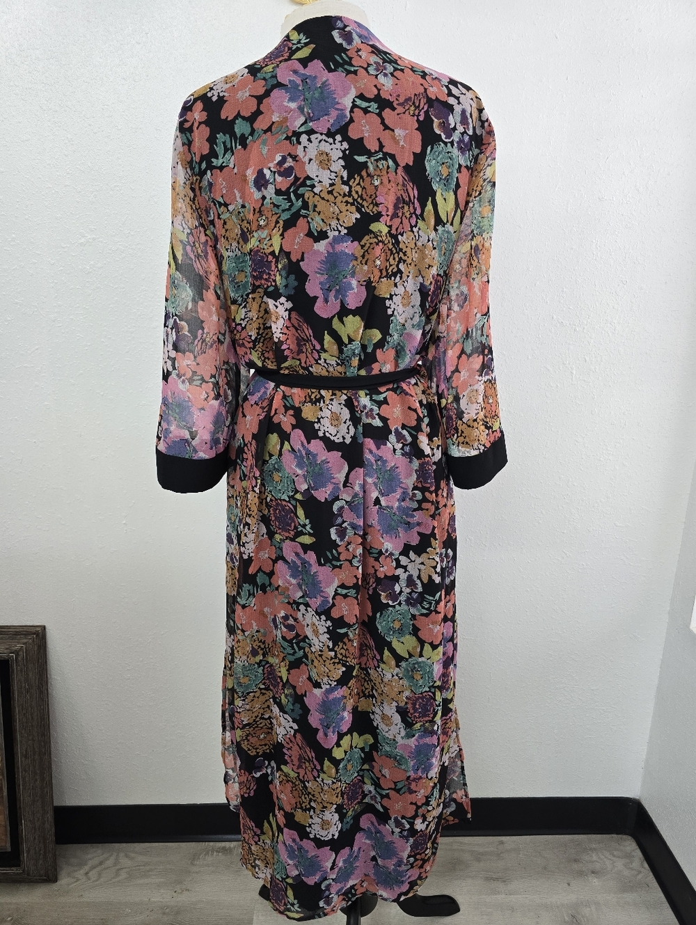 Anthropologie If By Sea NWT Penolope Floral Long Kimono Duster Black Trim Large - Picture 9 of 10